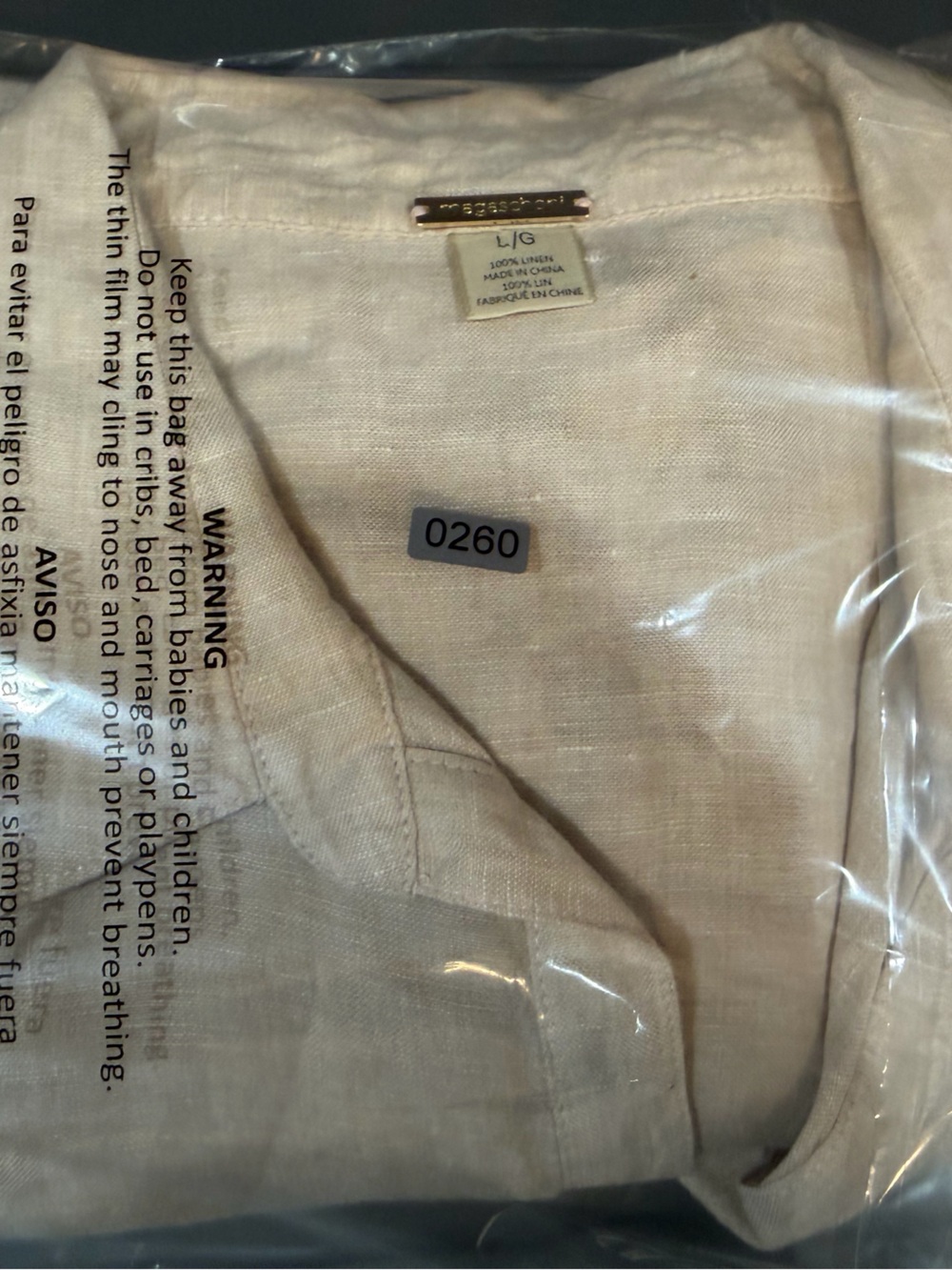 Magaschoni 100% Linen Button Down Shirt Beige Oversized Roll Tab Top L/G - Picture 7 of 7